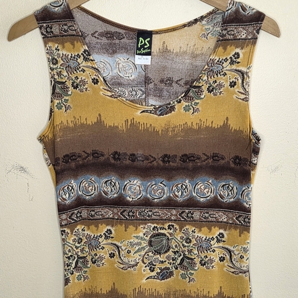 Y2K PerSeption | Slinky Stretchy Brown Mustard Boho Print Maxi Dress Size Medium - Picture 2 of 6